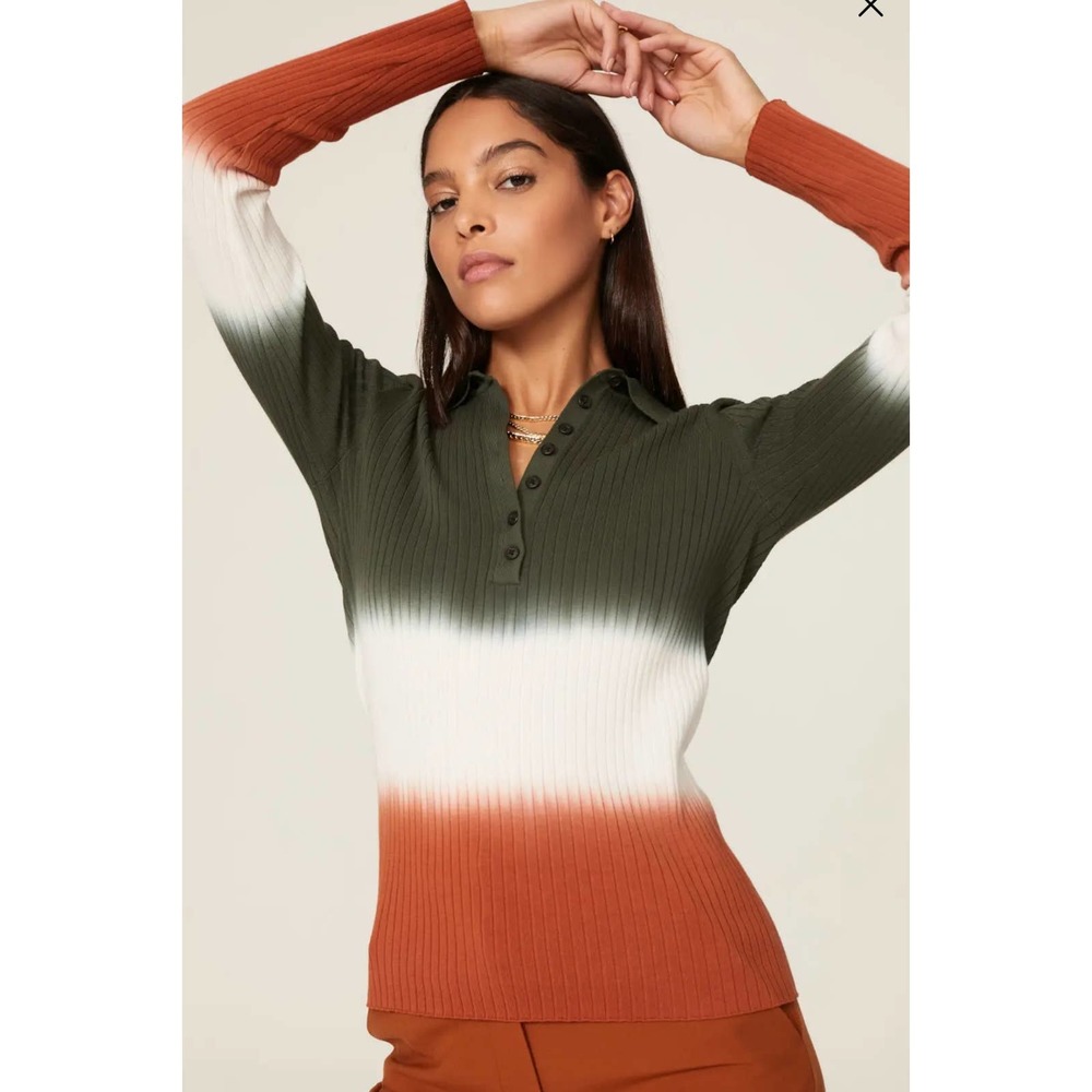 10 Crosby Derek Lam Olive White Rust Ombre Ribbed Henley Sweater